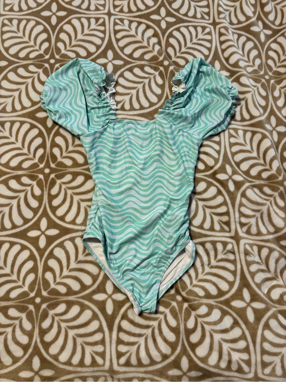 Cotton On Kids Aqua and White Wavy Stripe One-Piece with Puff Sleeves